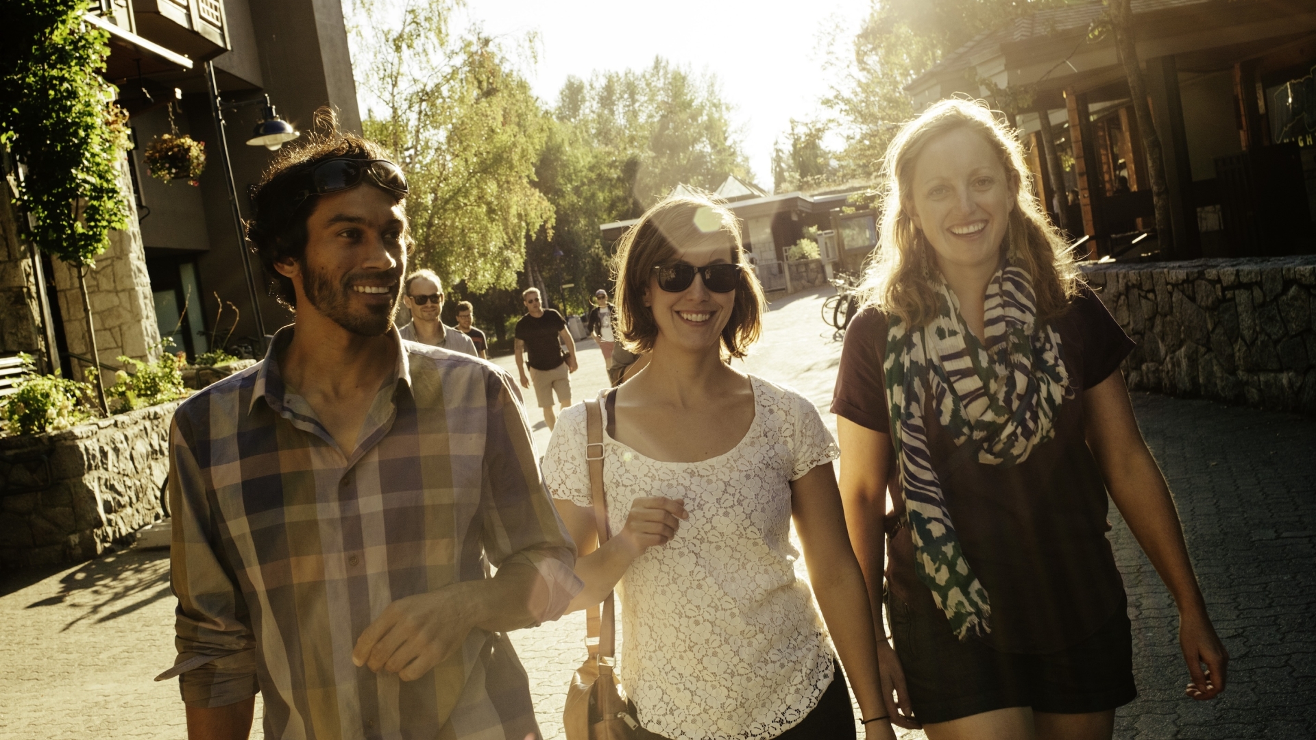 Friends strolling down the street