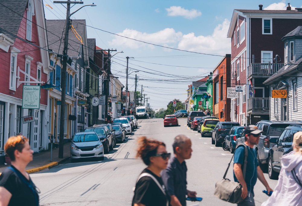 A group on a walking tour in Lunenburg Nova Scotia